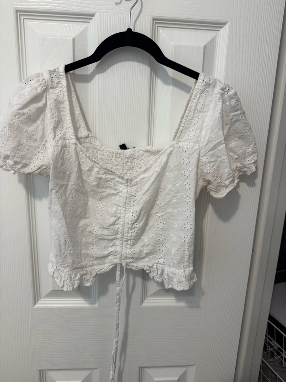 Ambiance White Eyelet Ruched Tie-Front Puff Sleeve Crop Top